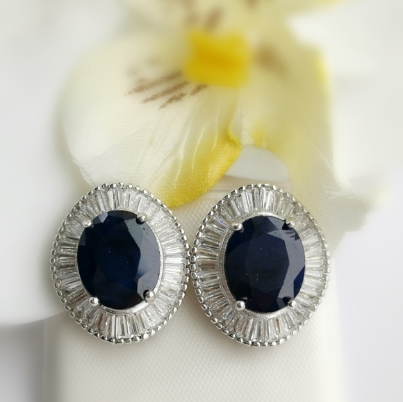 Sapphire Earrings Sterling Silver Omega Back - Picture 2 of 15
